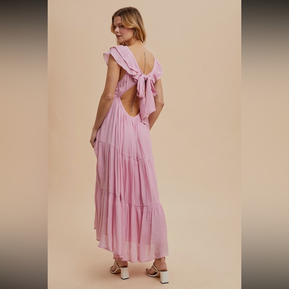 Pink Flutter Sleeve Maxi Sundress for Wedding Guest - Picture 3 of 3